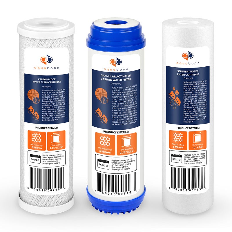 Aquaboon 5 Micron 10 x 2.5 Sediment, GAC, Carbon Filter Replacements Set of 3 Home Water Filters Cartridges Compatible with GAC-10, WHKF-GD05, WHWC - Image 1